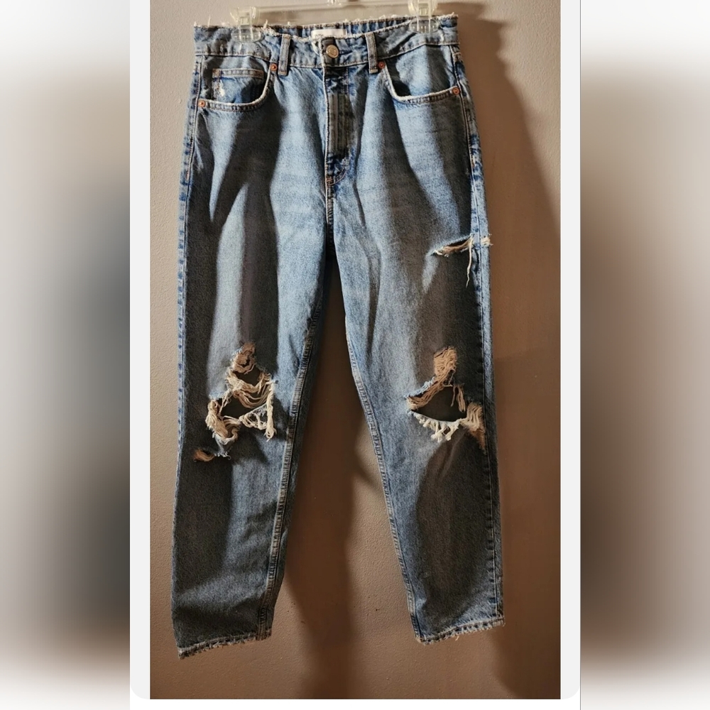 Zara Jeans Womens 8 Mom Slim Fit Blue High Waist Distressed Cotton